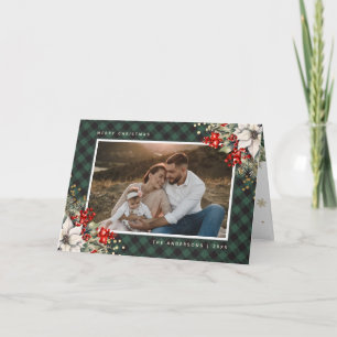 Cartão Fotos de Natal de Folhas de Azevinho Verde Poinset