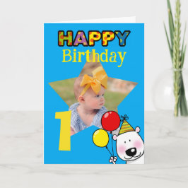 Cartão Fotos de Ursinho com Balões para 1º Aniversário Fo
