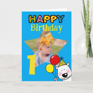 Cartão Fotos de Ursinho com Balões para 1º Aniversário Fo