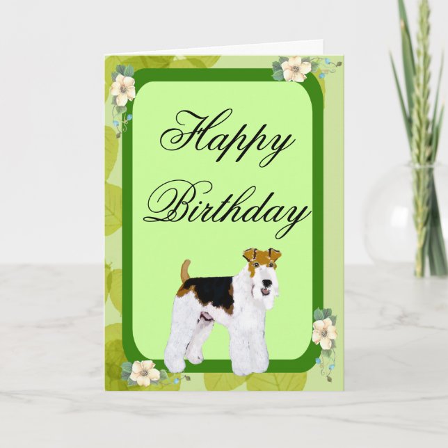 Cartão Fox Terrier com fio - Design de folhas verdes (Frente)