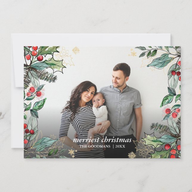 Cartão Framboetas de Natal Quadro de Foto Completa Férias (Frente)