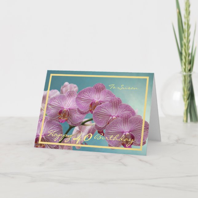 Cartão Frame Dourado Elegante de Orquídeas da aniversário (Frente)