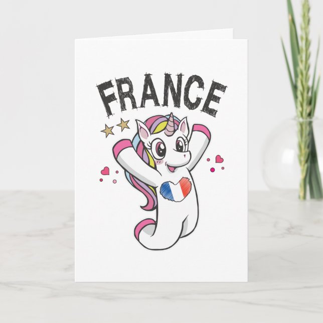 Cartão França Soccer Fan Unicorn com bandeira cardíaca (Frente)
