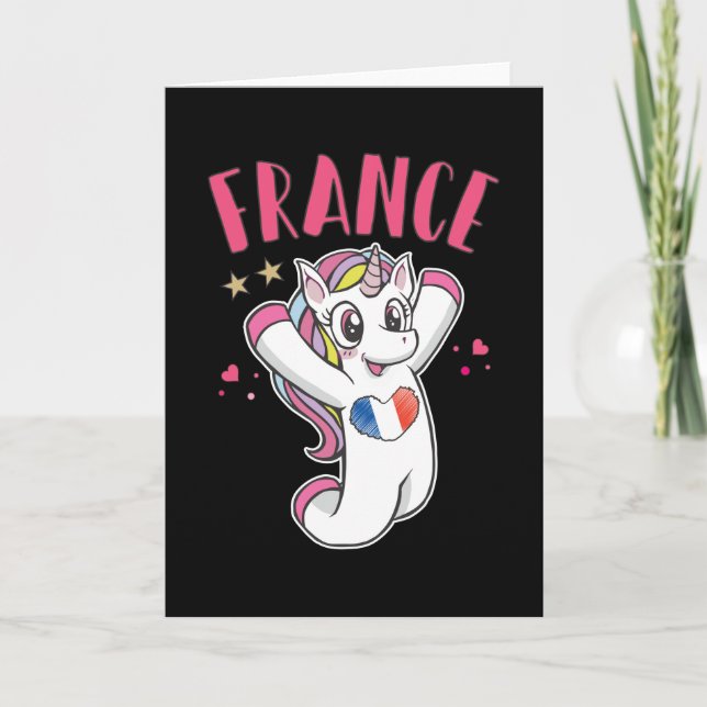Cartão França Soccer Fan Unicorn com bandeira cardíaca (Frente)