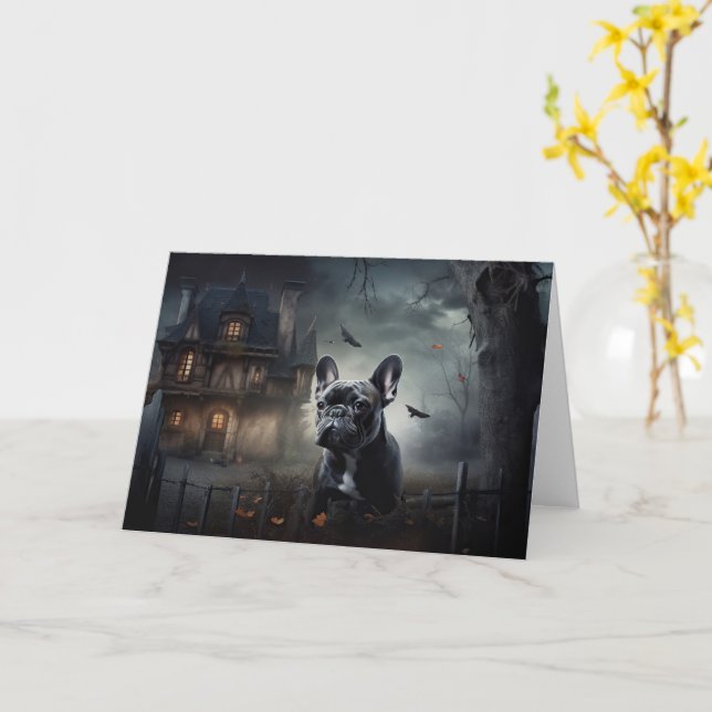 Cartão Francês Bulldog Halloween Scary (Flor Amarela)