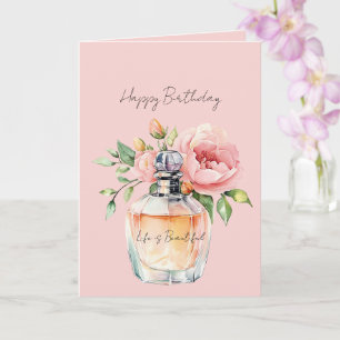 Cartão Frasco de Perfume Aniversário Rosas Bege Lindas
