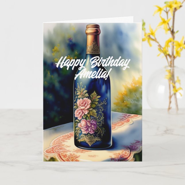 Cartão Frasco de Vinho Floral Aniversário (Flor Amarela)