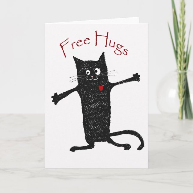 Cartão Free Hugs, crazy cat, humor and friendship. (Frente)
