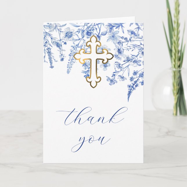 Cartão French Blue Wildflowers Religious Thank You (Frente)