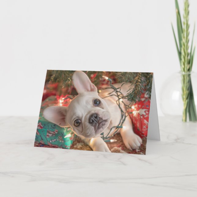 Cartão French Bulldog Christmas Card – Puppy in Lights (Frente)