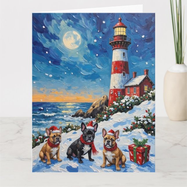Cartão French Bulldog Christmas Lighthouse Holiday (Frente)