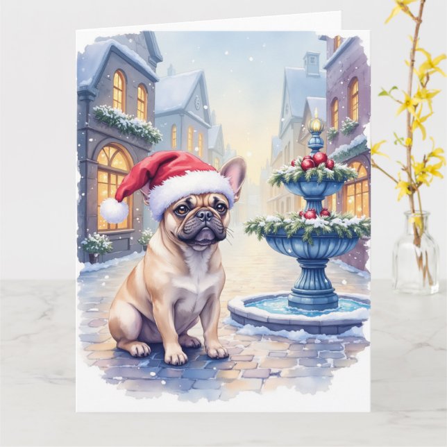 Cartão French Bulldog Snowy Town Fountain Santa Christmas (Flor Amarela)