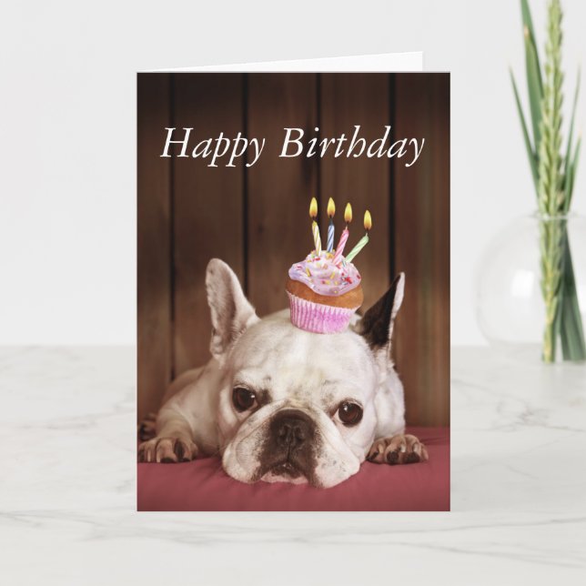 Cartão French Bulldog With Birthday Cupcake (Frente)