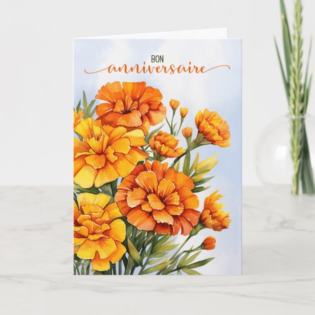 Cartão French October Birthday Bon Anniversaire Marigolds (Frente)