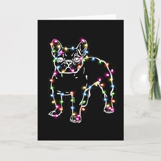 Cartão Frenchie Com Luzes de Natal Feliz Natal (Frente)