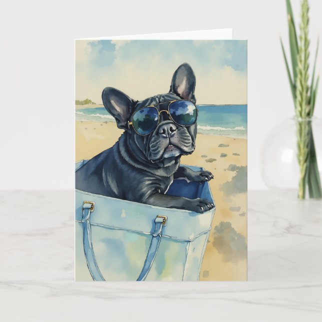 Cartão Frenchie na Beach Watercolor (Frente)