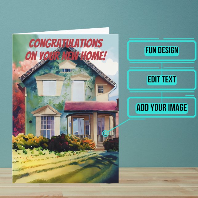 Cartão Frente de Aquarela de Novos Parabéns Domésticos (Use this card to wish new homeowners congratulations in a unique and personalized way. )