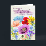 Cartão Friend Watercolor Wild Flowers Birthday Card<br><div class="desc">Pretty Watercolor garden flowers pansies daisies in various colors,  all the flowers were originally hand painted by myself. A sweet card that is perfect for any lady.</div>