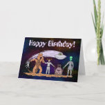 Cartão Friends No Matter The Differences Birthday Card<br><div class="desc">A red-haired Earthling girl stands hand-in-hand and hand-in-tentacle with her alien friends while a flying saucer soars above them all in this original sci-fi illustration by Richard H. Fay.</div>