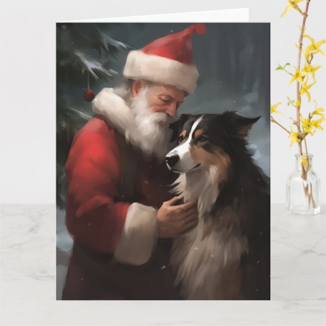 Cartão Fronteira Collie com Papai Noel Natal Festivo (Flor Amarela)