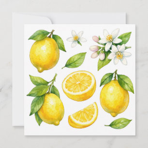 Cartão Fruta de limão aquarela, folhas e flores de limão