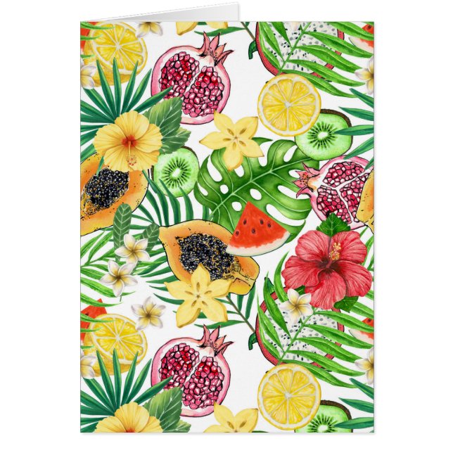 Cartão Frutas tropicais, flores e folhas em branco (Frente)