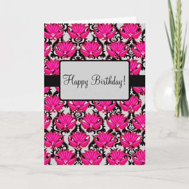 Cartão Fuchsia Pink Art Nouveau Damask Happy Birday (Frente)