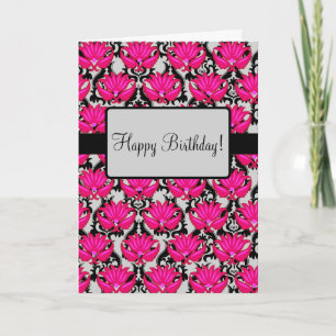 Cartão Fuchsia Pink Art Nouveau Damask Happy Birday