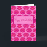 Cartão Fuchsia Pink Parisian Damask Happy 21st Birthday<br><div class="desc">This sophisticated and trendy Parisian Damask "Happy 21st Birthday" greeting card can be completely customized. You can wish "happy 21st birthday" or change the message in the pink area on the front. The words of the sentiment message inside is also customizable so that you can write your own words or...</div>