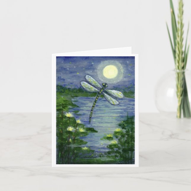Cartão Full Moon Dragonfly Pond Waterlilies Art Note Card (Frente)