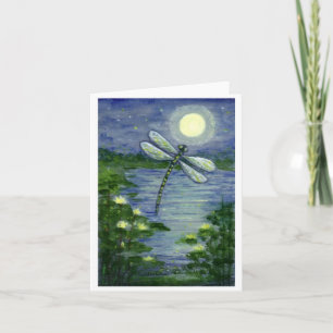 Cartão Full Moon Dragonfly Pond Waterlilies Art Note Card