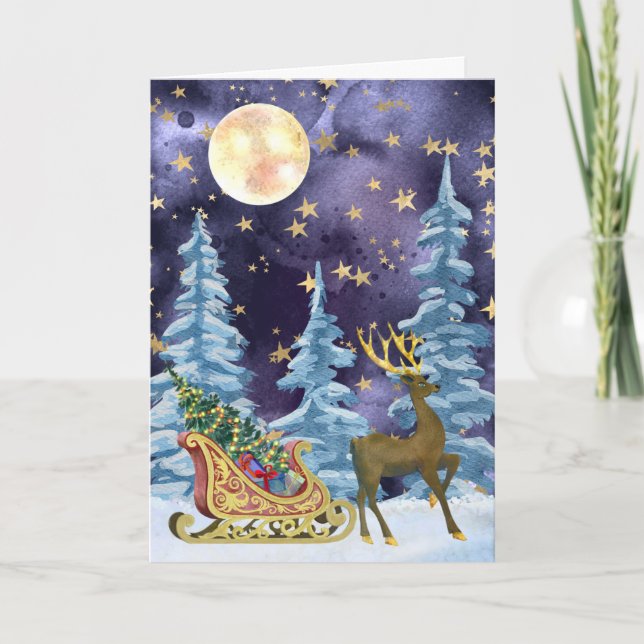 Cartão Full Moon Over Reindeer With Sleigh (Frente)