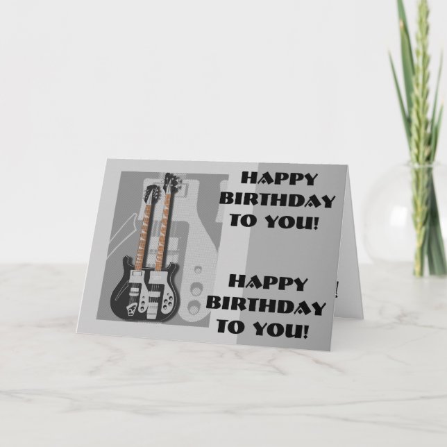 Cartão Fun, birthday greeting, black and white guitar. (Frente)