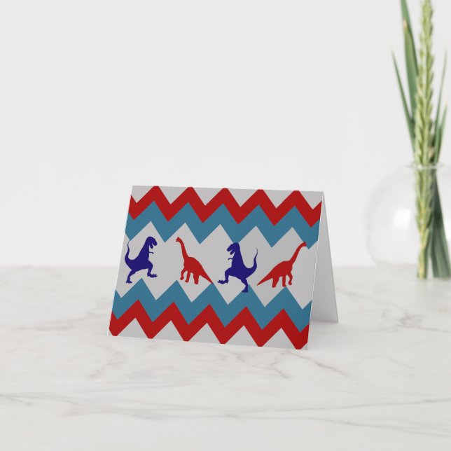 Cartão Fun Boys Dinosaurs Red Blue Chevron Pattern (Frente)