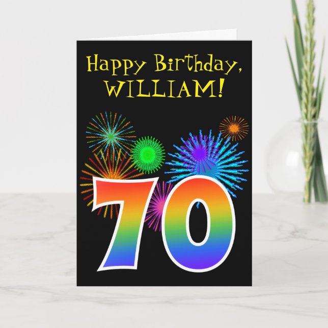 Cartão Fun Fireworks + Rainbow Pattern "70" Birthday # (Frente)