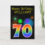 Cartão Fun Fireworks   Rainbow Pattern "70" Birthday #<br><div class="desc">The front of this fun, vibrant birthday greeting card design features a colorful pattern inspired by celebratory fireworks, along with the number "70" featuring a multicolored rainbow like gradient pattern, on a black colored background. The front also features a birthday greeting message, including a personalized recipient name. The inside features...</div>