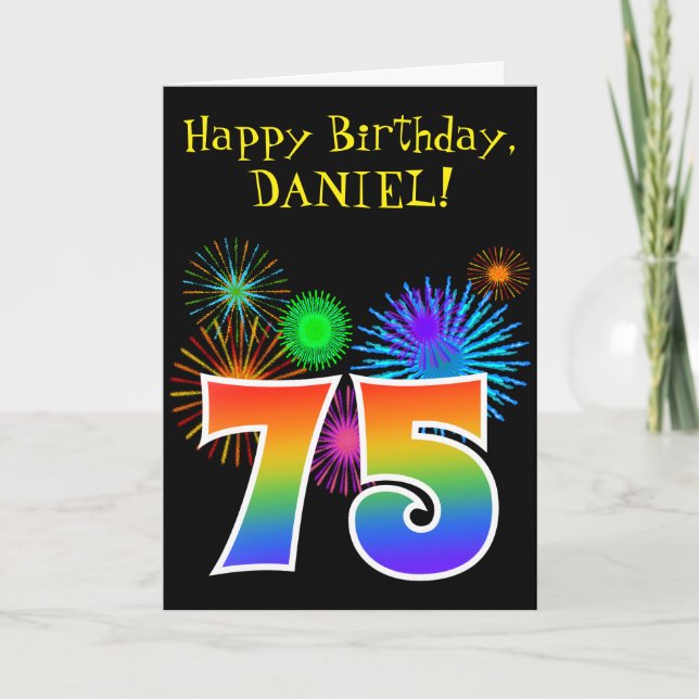 Cartão Fun Fireworks + Rainbow Pattern "75" Birthday # (Frente)