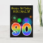 Cartão Fun Fireworks   Rainbow Pattern "90" Birthday #<br><div class="desc">The front of this fun, vibrant birthday greeting card design features a colorful celebratory fireworks inspired pattern, along with the number "90" featuring a multicolored rainbow inspired gradient pattern, on a black colored background. The front also features a birthday greeting message, including a customizable recipient name. The inside features a...</div>