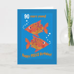 Cartão Fun Goldfishes Pisces 90th Birthday Card<br><div class="desc">A fun 90th Birthday Card for a Piscean, with two brilliant orange and golden yellow fishes on a bright blue background, from a hand-painted paper collage by Judy Adamson. If you don't see the age you need, you may like to know that there is a custom front version of this...</div>