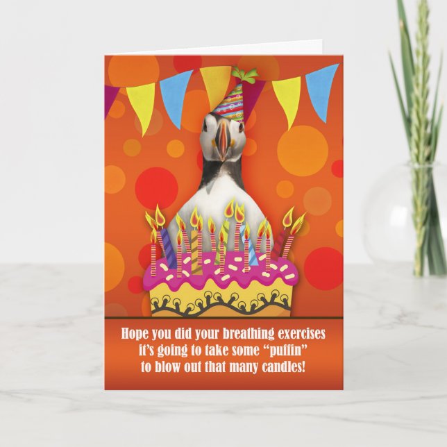 Cartão Fun Puffin Birthday Card With Birthday Cake And Ca (Frente)