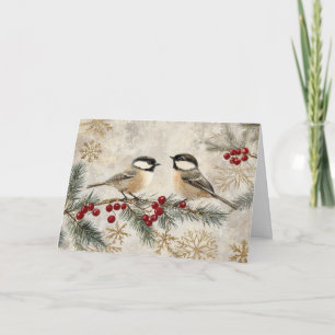 Cartão Fundo da Cinza de Vintage com Chickadees