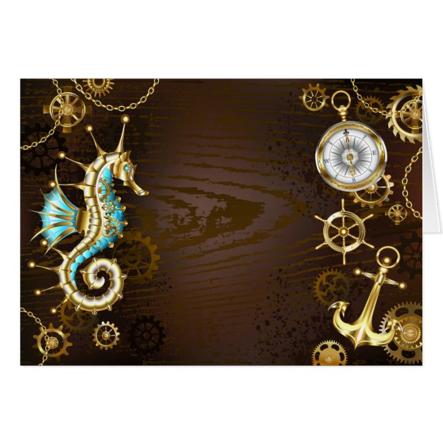 Cartão Fundo de madeira com cavalo de mar mecânico (Frente horizontal)