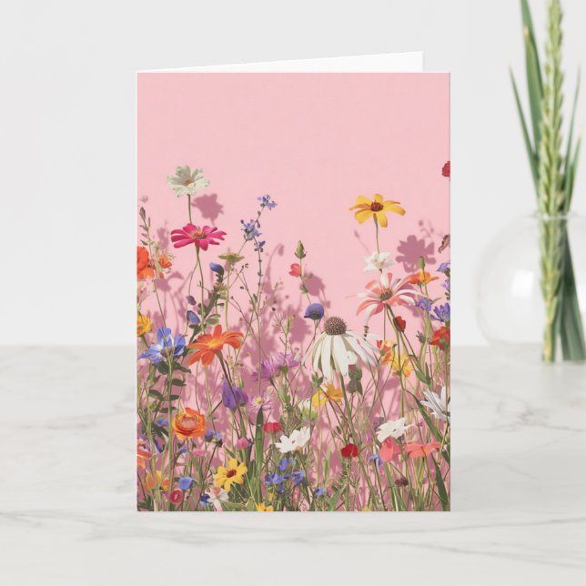 Cartão Fundo Rosa Pó com Flores Selvagens (Frente)