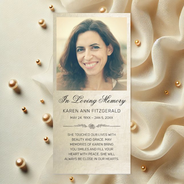 Cartão Funeral Dourado de Foto Elegante de Script  (Chic Gold Shimmer Photo Funeral Card)