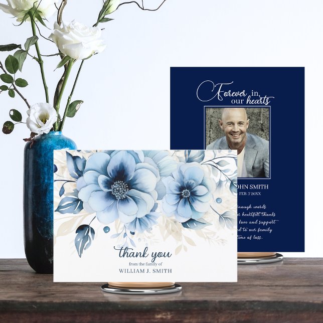 Cartão Funeral Loving Memory Blue Marinho OBRIGADO | FOTO (Funeral In Loving Memory Blue Navy THANK YOU with PHOTO. Watercolor flowers.)