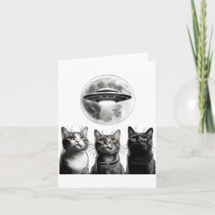 Cartão Funny 3 Gatos Assustados Lua Ufo Alien Invasão da