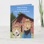 Cartão Funny American Gothic Lab Husband Birthday<br><div class="desc">Humorous pictures and you can customize the text. The barn in the background is thanks to PublicDomainPictures.</div>