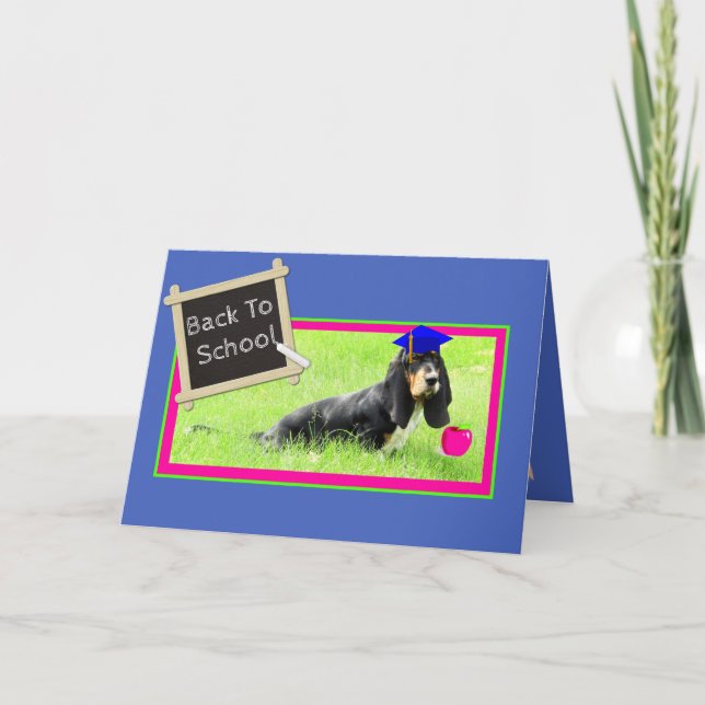 Cartão Funny Basset on Back to School Card w/Apple (Frente)