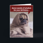 Cartão Funny Birthday Words Of Wisdom From A Noble Pug<br><div class="desc">This pug (wrapped in a tattered blanket) certainly looks noble with a wealth of knowledge. He says, "Some words of wisdom for your birthday... " Inside the card says, "But first, can you turn up the heat? I can't think when I'm cold. Happy Birthday!" Maybe no one will notice, he...</div>