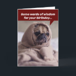 Cartão Funny Birthday Words Of Wisdom From A Noble Pug<br><div class="desc">This pug (wrapped in a tattered blanket) certainly looks noble with a wealth of knowledge. He says, "Some words of wisdom for your birthday... " Inside the card says, "But first, can you turn up the heat? I can't think when I'm cold. Happy Birthday!" Maybe no one will notice, he...</div>